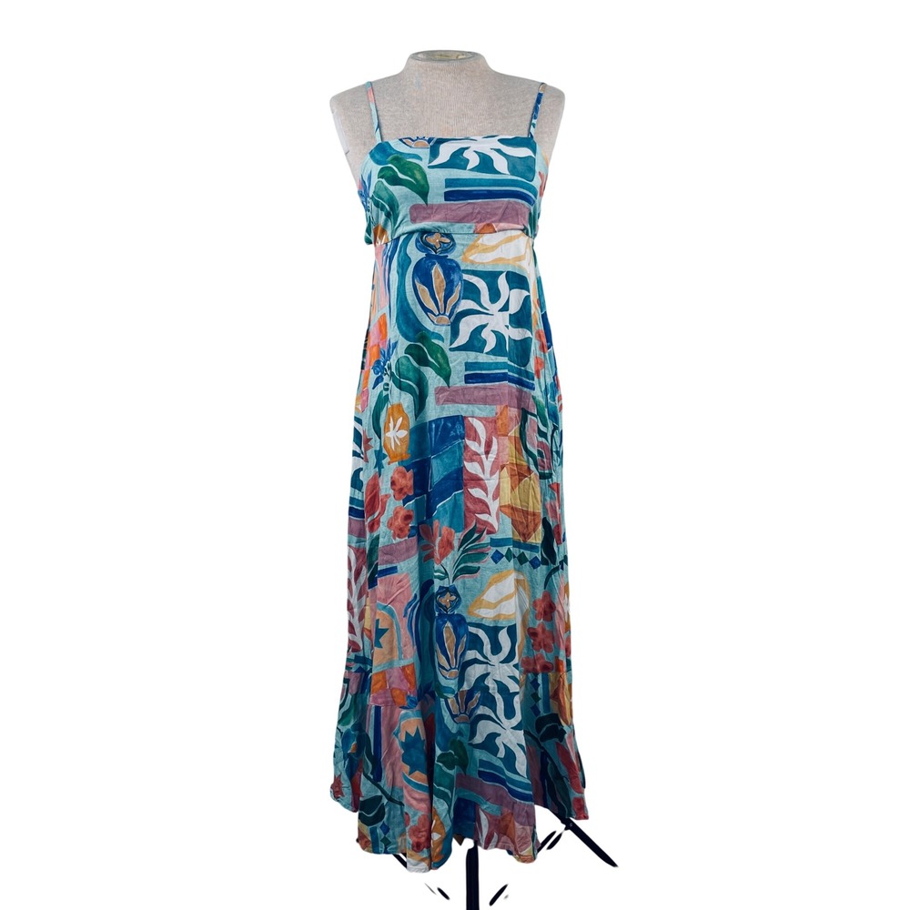 Paper Heart Womens Abstract Tropical Print Maxi Dress Blue Orange S